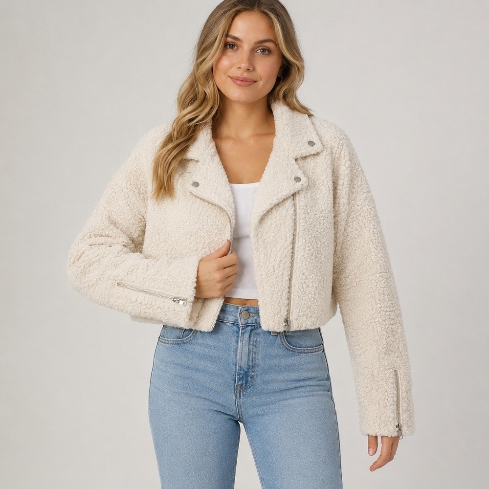 No Boundaries Faux Fur Moto Jacket Womens M Cream Cropped Sherpa Zip